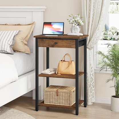 Printer Stand with Storage Drawer, 3-Tier Under Desk Printer Table, End Table for Home Office, Living Room, Bedroom, Brown