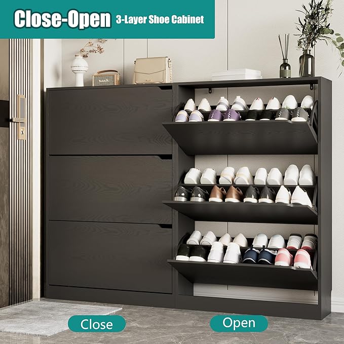 Shoe Storage Cabinet for Entryway with 3 Flip Drawers, Sturdy Wood Hidden Shoe Storage, Freestanding Narrow Slim Shoe Organizer for Front Door Entrance, Living Room, Hallway, Bedroom, Black