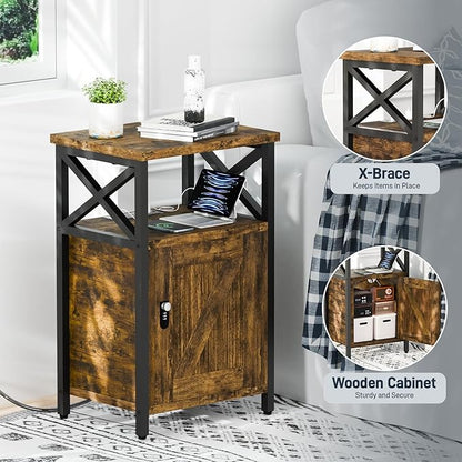 Wooden Nightstand with Lock, Bedside Table with Drawer, Bed Side Table with Charging Station, 3 USB & 2 Outlets, Night Stand with Storage Cabinet, End Table for Bedroom, Brown