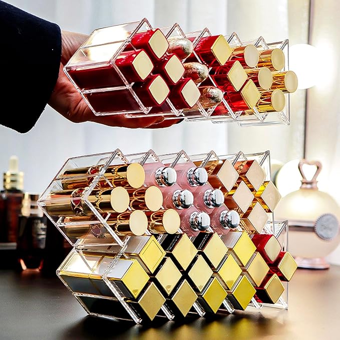 4 Pack Acrylic Lipstick Holder Organizer 64 Slots Clear Lip Gloss Holder Organizers Stackable Fish Shape Lipsticks Tower Lipstick Case Display Stand Storage Box for Makeup Cosmetic Vanity drawer