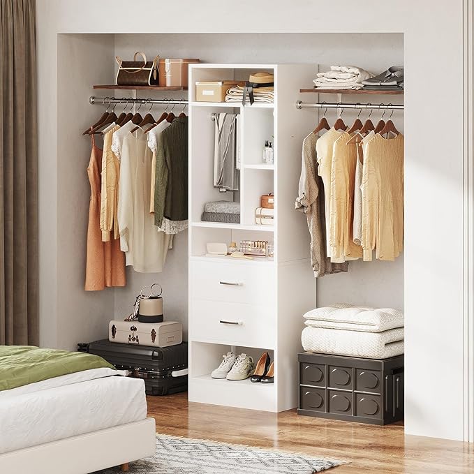 COTUBLR Closet System, 48" W - 105” W Closet Organizer with 24” Tower and 2 Extendable Hanging Rods, Walk-in Wardrobe Garment Rack with 2 Wooden Drawers and 6 Shelves, Fit up to 600 LBS (White)