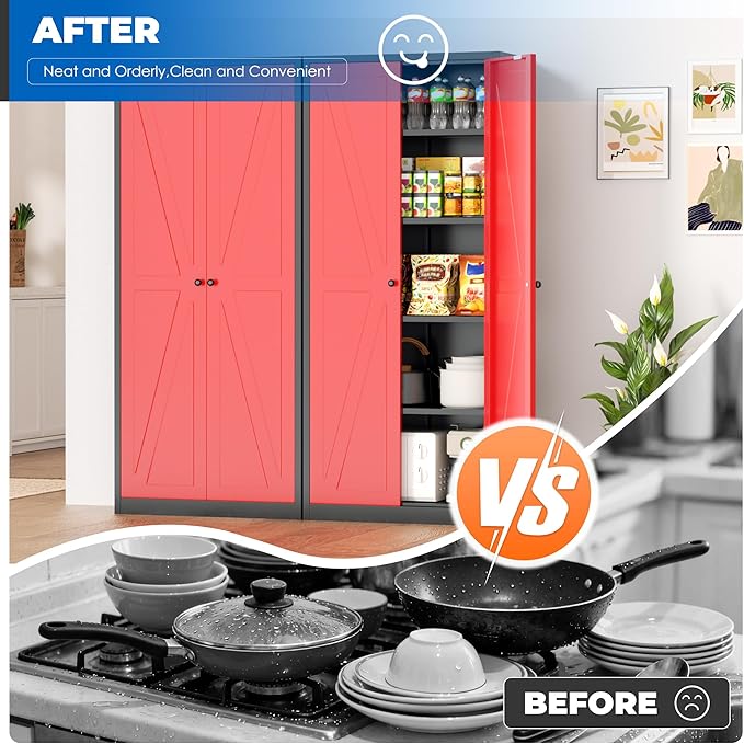 INTERGRAET 63" H Pantry Cabinet, Kitchen Pantry Storage Cabinets with 2 Doors and 4 Shelves, Metal Storage Cabinet,Cupboard for Home,Kitchen,Living Room/Dining, Black Red