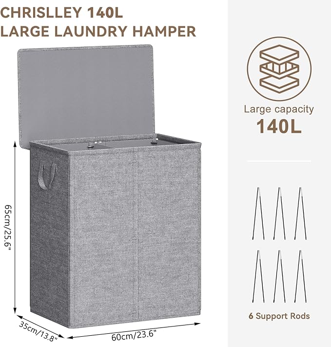 Chrislley 140L Laundry Hamper 2 Section, Double Laundry Basket with Lid, Large Dirty Clothes Hamper with Removable Liner Bags, Collapsible Laundry Organizer for Bedroom, Dorm,Grey