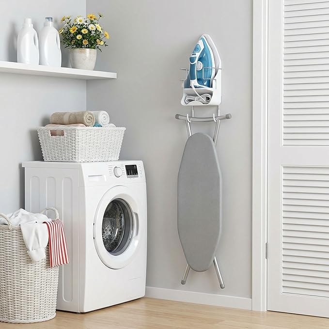 DOUBLE 2 C Ironing Board Hanger Wall Mount Electric Iron Holder Iron and Ironing Board Storage Organizer Shelf with Removable Hooks for Household Bathroom Laundry Room(White)