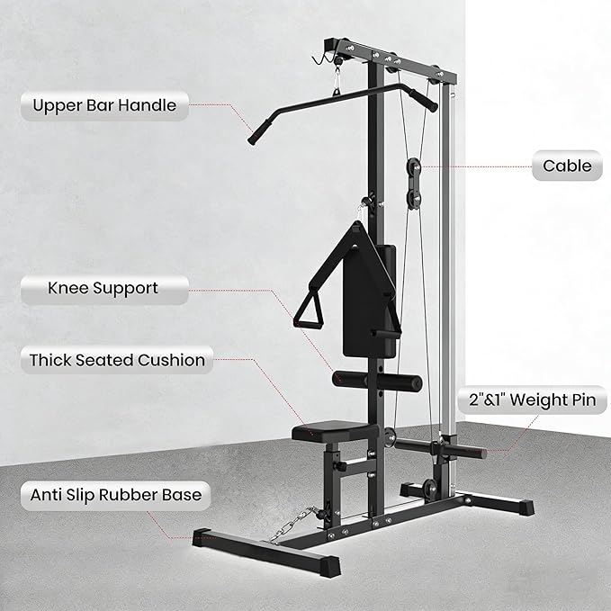 LAT Pulldown Machine, Multi-Functional Cable Machine with High and Low Pulley Station, Row Cable Machine Home Gym with Leg Support, Tricep Workout Equipment