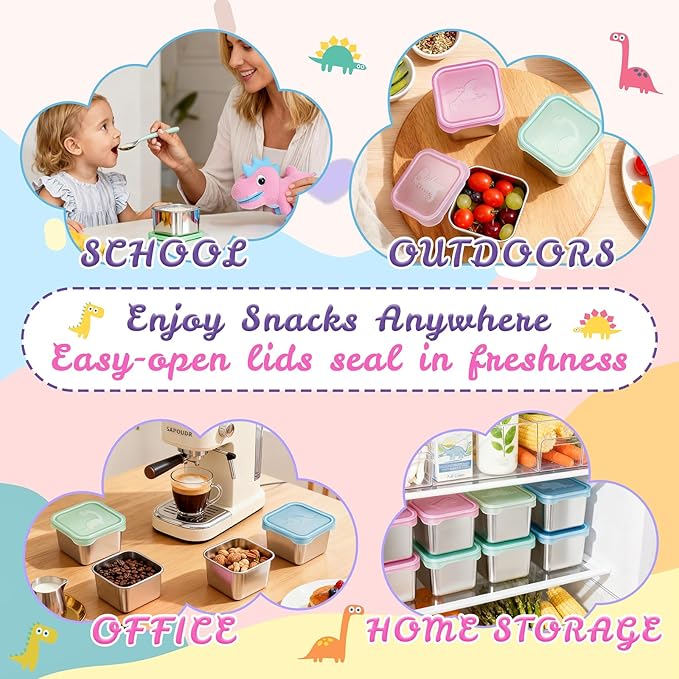 6-Pack Small (6 oz) Stainless Steel Snack Containers for Kids, Easy-Open Toddler Snack Containers with Lids - Cute Dinosaur Small Stackable Metal Snack Box for Daycare, School, Travel