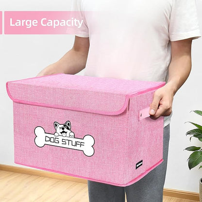Fabric Dog Toy Box with Lid, Collapsible Storage Bin, Basket Organizer with Handle for Dog Toys, Blankets and Accessories, Pink