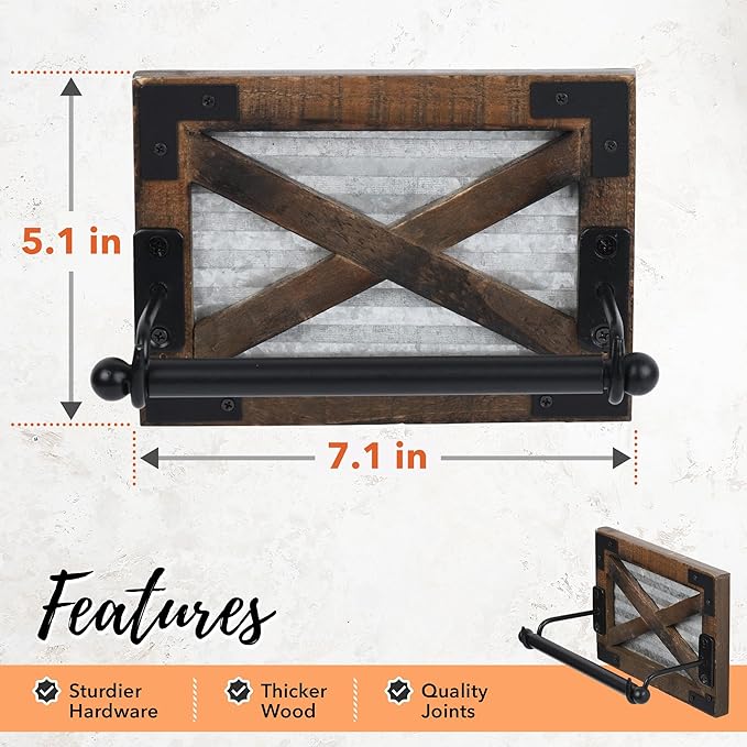 Autumn Alley Farmhouse Toilet Paper Holder with Bracket - Farmhouse Bathroom Rustic Country Decor - Rustic Bathroom Accessories Featuring Warm Brown Wood, Galvanized Metal, and Black Metal
