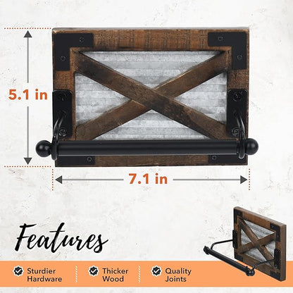 Autumn Alley Farmhouse Toilet Paper Holder with Bracket - Farmhouse Bathroom Rustic Country Decor - Rustic Bathroom Accessories Featuring Warm Brown Wood, Galvanized Metal, and Black Metal