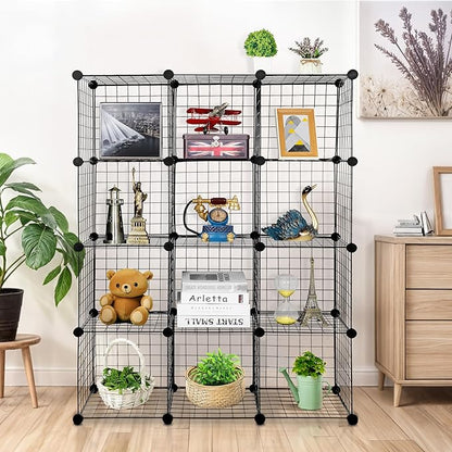SUPER DEAL Metal Wire Cube Storage Organizer, 12 Cubes DIY Modular Cabinet Bookcase Bookshelf Shoe Rack Stackable Wire Cube Closet for Home, Office, Living Room, Bedroom