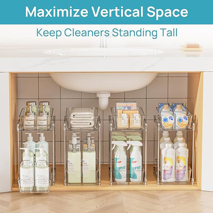 Vtopmart 4 Pack Higher Bathroom Organizer, 2 Tier White Under Sink Organizers Vanity Countertop Storage Container,Cabinet Drawers Bins, Pull-Out Organization with Track for Pantry, Kitchen