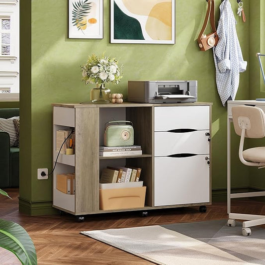 DEVAISE File Cabinet with Lock, 3 Drawer Rolling Mobile Lateral Filing Cabinets with Charging Station Printer Stand with Open Storage Shelves Fits A4 or Letter Size for Home Office Gray White