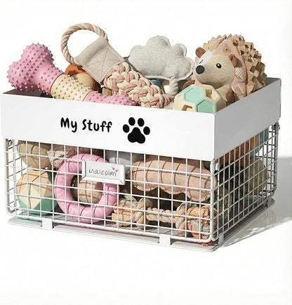 Dog Toy Box- Metal Toy basket for Dog - Dog Toys Storage Bin for Pet - Personalized Large Dog Toys Basket for Puppy and Pet- White Chew Resistant Dog Toy Chest & Organizer