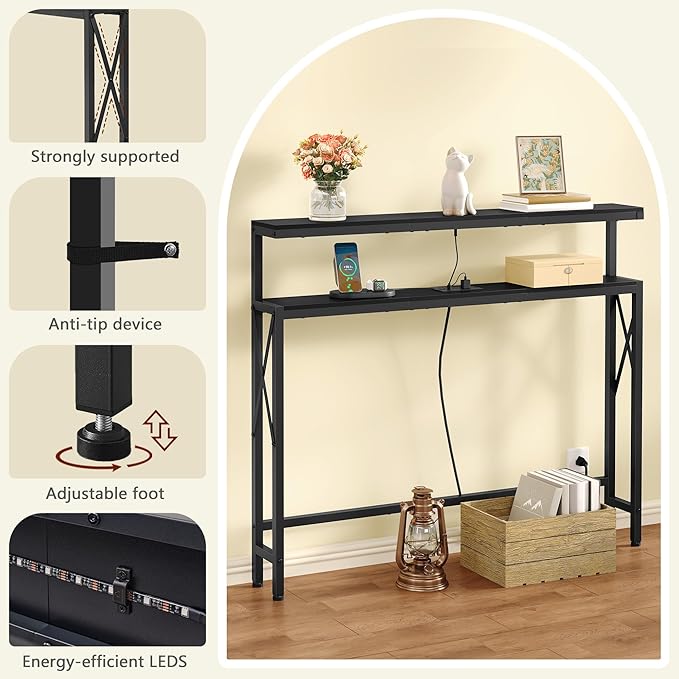 FAVOOSTY 46.8" Skinny Console Table with Charging Station and LED Light,5.9" Narrow Sofa Table with Power Outlets and Type C & USB Port, Behind Couch Table for Living Room, Hallway, EntryWay, Black