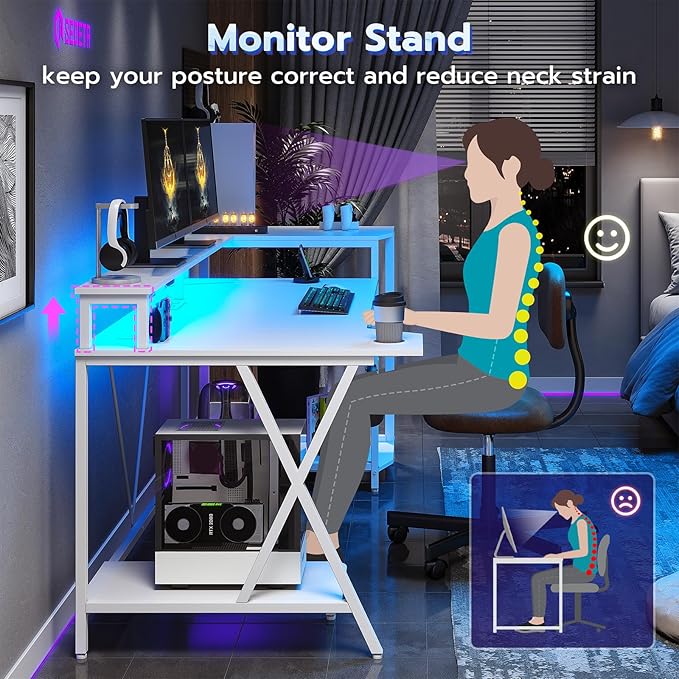 SEDETA White Gaming Desk 55'' with LED Lights and Storage Shelves, Computer Desk with Monitor Stand, Power Outlets and Cup Holder, Large PC Gamer Desk, Gaming Table for Bedroom, Living Room