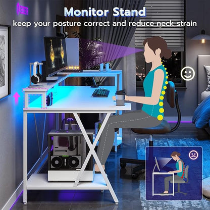 SEDETA White Gaming Desk 55'' with LED Lights and Storage Shelves, Computer Desk with Monitor Stand, Power Outlets and Cup Holder, Large PC Gamer Desk, Gaming Table for Bedroom, Living Room