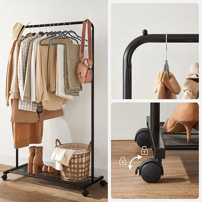 SONGMICS Clothes Rack with Wheels, Clothing Rack for Hanging Clothes, 25.4 mm Metal Garment Rack with Dense Mesh Storage Shelf, 110 lb Load Capacity, 2 Brakes, Black UHSR25BK