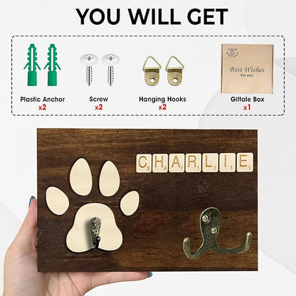 Personalized Dog Leash Holder Wall Mount, Pet Harness Hanger with Scrabble Letters, Dog Collar Organizer for Entryway, Memorial Paw Leash Holder for Wall, Pet Loss Gifts, Keepsake, Home Decor