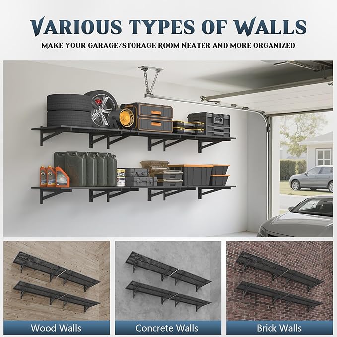 4 Pack Heavy Duty Garage Wall Shelving (1.5x4ft), 1400lbs Capacity Garage Shelving Wall Mounted, 18"x96"Garage Storage Rack Floating Shelves, Black