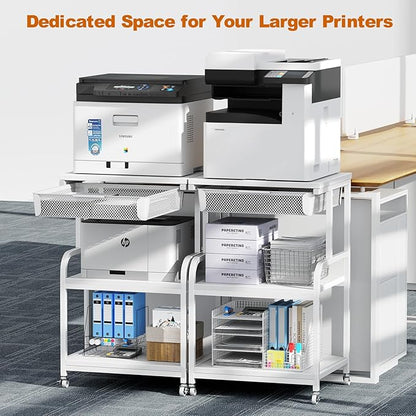 EasyCom Large 3-Tier Rolling Printer Stand with Storage Drawer & 5 Adjustable Shelves Mobile Cart with Industrial Wheels for Home Office Desk Fits 3D Printer, Scanner, and Fax White