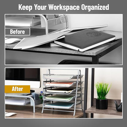 Mind Reader 5-Tier Paper Tray Organizer, Vertical Desktop File Storage Rack, Office, Metal Mesh, Silver