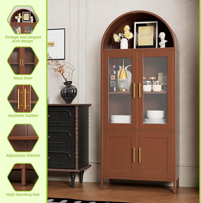 Metal Arched Pantry Cabinet with 2 Drawers,Brown Arched Kitchen Pantry Cabinet with Glass Door for Kitchen Home, Assemble Required,Brown,72.76"×30.83" W×16.10" D