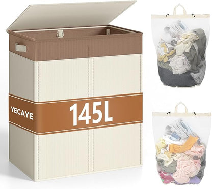 YECAYE 145L Double Laundry Hamper with Lid for Home, Dual Compartments hamper with Removable Bags, 2 Section Foldable Cloths Basket with lid, Double Cloths Basket with Color-Block Design