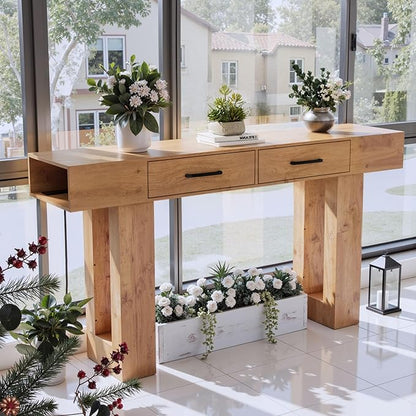 63" Console Table for Entryway, Farmhouse Sofa Tables with Drawers and Outlet, Narrow Long Accent Table for Entrance Hallway Living Room, Natural