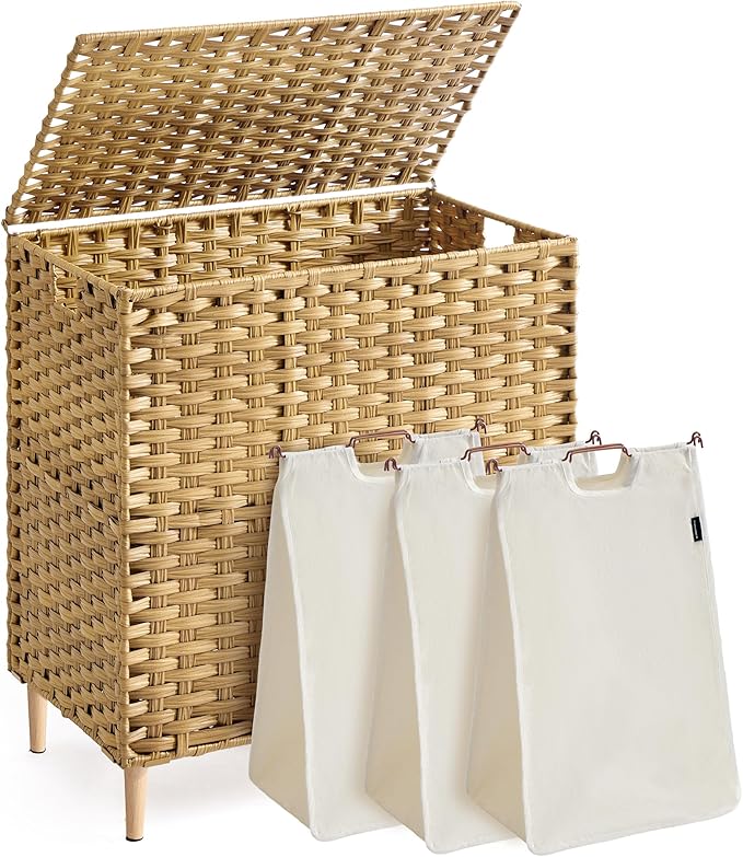 SONGMICS 3-Section Laundry Hamper with Lid, 42.2 Gal (160L) PE Rattan Laundry Basket with Removable Washable Liners, for Bedroom & Living Room, Goose Yellow ULCB223YE01