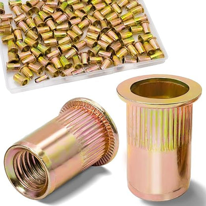 115pcs 1/4-20 Rivet Nuts, Carbon Steel, Zinc Plated, Flat Head, Knurled Body, Deep Threads