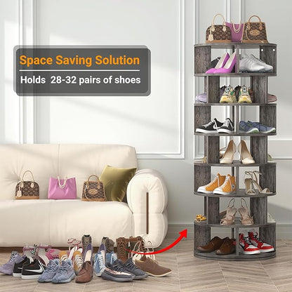 Aheaplus Rotating Shoe Rack Tower, 7-Tier Spinning Shoe Rack 360 Revolving Shoe Rack Organizer for Closet, Display Round Storage Carousel Shoes Closet Organization, Grey Oak