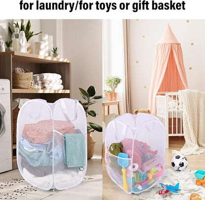 BATTOO Deluxe Strong Mesh Pop up Laundry Hamper Basket with Side Pocket for Laundry Room, Bathroom, Kids Room, College Dorm or Travel 2 Pack White