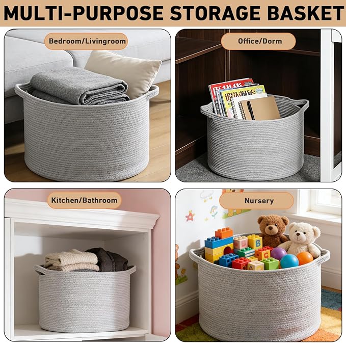 90L Large Blanket Basket,21.7"L x 21.7"W x 13.8"H Rope Woven Baskets with Handles, Toys Storage Bins,Laundry Basket Perfect for Living Room, Nursery,Bedroom,Home Organization,Light Gry