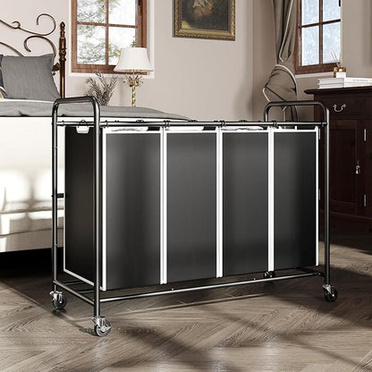 ROMOON Laundry Hamper Sorter Cart: 4-Section Organizer with Heavy-Duty Lockable Wheels and Removable Bags | 172L Rolling Laundry Basket for Dirty Clothes in Laundry Room or Small Spaces (Black)