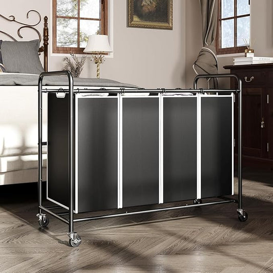 ROMOON Laundry Hamper Sorter Cart: 4-Section Organizer with Heavy-Duty Lockable Wheels and Removable Bags | 172L Rolling Laundry Basket for Dirty Clothes in Laundry Room or Small Spaces (Black)