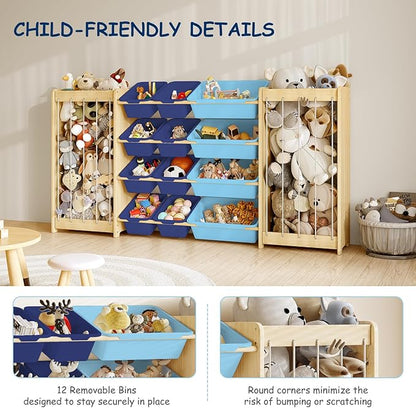 Large Toy Storage Organizer, Wooden Stuffed Animal Storage & 12-Bins Toy Organizer, Double-Sided Plush Toy Holder Featuring Thicker Ropes, Space Save Bedroom Nursery Playroom Storage, Blue