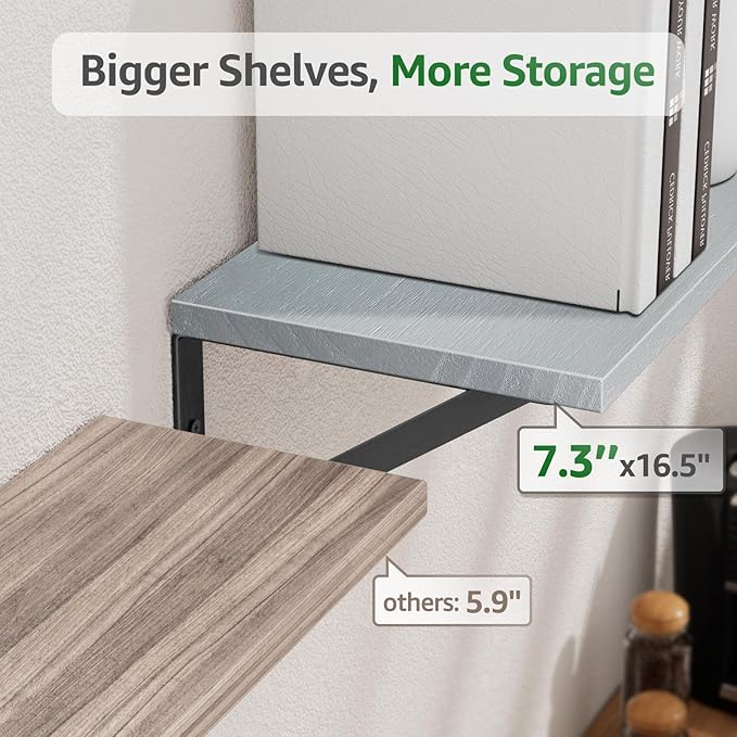 Wall Shelves 7.3" Deep Set of 3, Solid Paulownia Wood Wider Longer Sturdy Easy to Install Wall Mounted Bookshelves Storage Shelves Bathroom Home Office Laundry Room Bedroom Organizer Gray