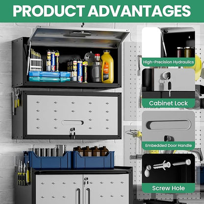 Metal Wall Cabinet,Wall Mounted Garage Cabinets with Lockable Up-Flip Door,Hanging Storage Cabinet 130 lbs Capacity,Floating Cabinet for Tool Organization in Basement,Workshop,Kitchen,Black/Grey