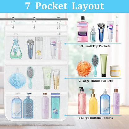 2 Pack Mesh Shower Caddy Hanging Organizer with 7 Pockets, Quick Dry Bathroom Storage Bag, Cruise Cabin and Dorm Essentials for Travel, Toiletry Organizer for Shampoo Soap