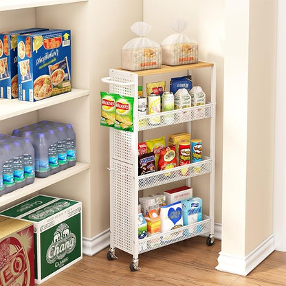 Utility Slim Storage Cart 4 Tier Small Rolling Kitchen Laundry Room Organization Cart with Wood Top Metal Narrow Laundry Room Shelves Cabinet Unit Laundry Organizer Trolley with Handle for Small space