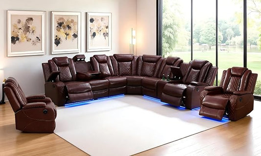 Leather Power Reclining Sectional Sofa Sets, Brown Recliner Sectional Sofa and 2 Chairs, Power Recliner Couch Living Room Furniture Set, L-Shaped Breathing Leather Couch with LED for Office