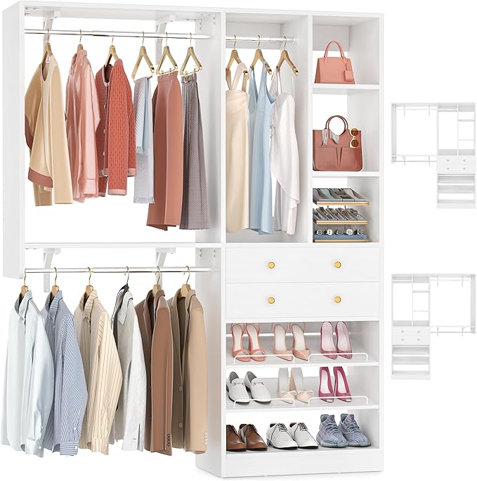 Closet System - 5FT Closet System with Drawers, 60"Closet Organizer System with 2 Hanging Shelving, Reversible Wall-mount Closet Systems for Walk-in Closets Area, White