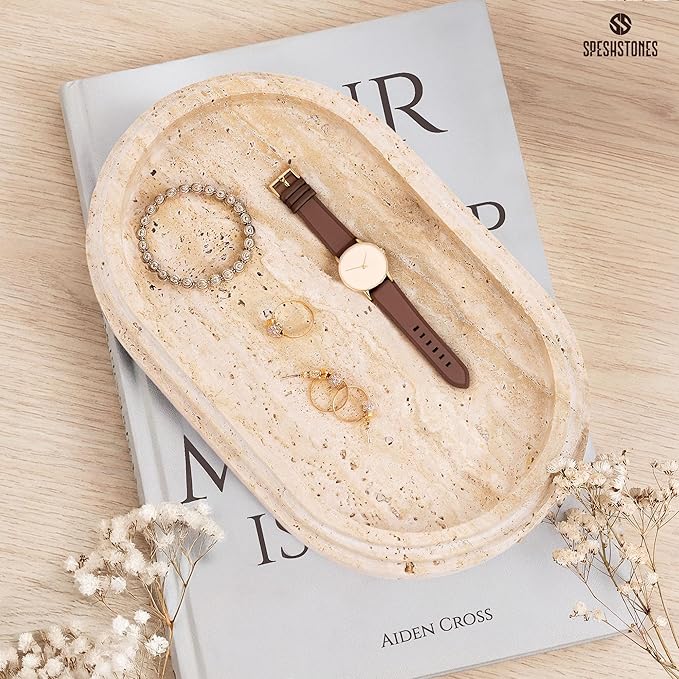 Marble Tray 9.75 Inch Handmade Travertine Bathroom Tray for Countertop Décor - Decorative Trays for Candle, Jewelry & Vanity Accessories
