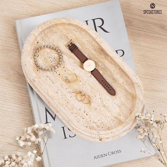 Marble Tray 9.75 Inch Handmade Travertine Bathroom Tray for Countertop Décor - Decorative Trays for Candle, Jewelry & Vanity Accessories