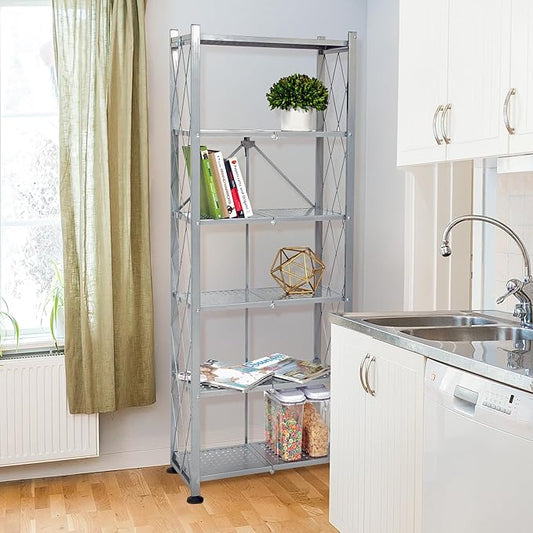 Origami RB Foldable 6 Tier Storage Rack with Wheels, Tall/Slim Model, Silver, Renewed