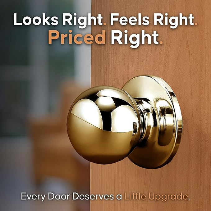 Copper Creek Dummy Interior Door Knob – ANSI Grade-3 Certified, Modern Heavy Duty Handle, Easy Install and Reversible for French Doors & Closets, Non Turning – Polished Brass (1 Pack)