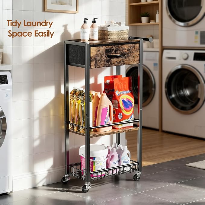 Lewondr Rolling Storage Cart with Drawers, 3-Tier Laundry Room Shelves, Sturdy Bathroom Organizer Shelf with Wood Top, Rolling Drawer Cart with Handle and Wheels for Kitchen, Office, Classroom, Black