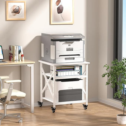 Printer Stand, 23.6 x 23.6 Inches Large Printer Stand with Adjustable Storage Shelf, 3 Tier Printer Table for Home Office, Rolling Printer Cart with Industrial Wheels, Mini Fridge Stand Table, White