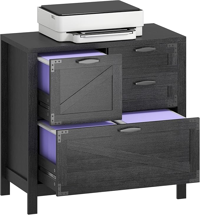 HOMCOM 4 Drawer File Cabinet, Farmhouse Lateral Filing Cabinet with Adjustable Hanging Rails for Letter/A4/Legal Size Files, Printer Stand for Home Office, Black
