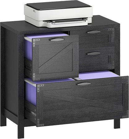 HOMCOM 4 Drawer File Cabinet, Farmhouse Lateral Filing Cabinet with Adjustable Hanging Rails for Letter/A4/Legal Size Files, Printer Stand for Home Office, Black